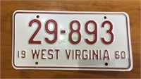1960 West Virginia automobile license plate,