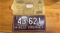 1961 West Virginia automobile license plate with