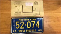 1965 West Virginia automobile license plate with