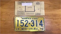 1970 West Virginia automobile license plate with