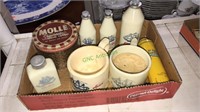 Six old spice bottles and mugs, Dr. Scholl’s foot