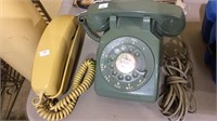 2 vintage telephones, green rotary dial by Bell