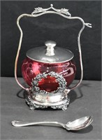 Antique Cranberry Berry Bowl & Silver Plate Stand