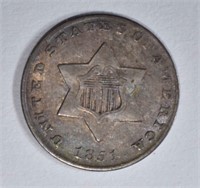 1851 3-CENT SILVER,  HAS LUSTER
