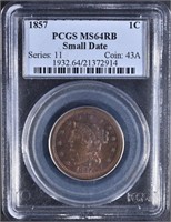 1857 SMALL DATE LARGE CENT PCGS MS-64 RB