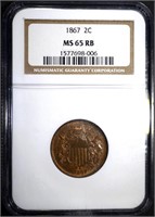 1867 TWO CENT PIECE NGC MS 65 RB