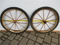 2 - 26" x 2" Iron Spoke Wheels Solid Rubber Tires