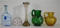 Five coloured glass vases and jugs