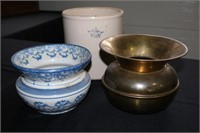 1 gal USA crock, pottery spittoon and a brass