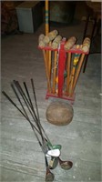 Croquet set, basketball and golf clubs,