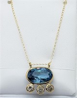 $2800 10K Blue Zircon  Diamond Necklace