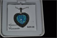 STERLING PLATE MARCASITE HEART PENDANT NECKLACE