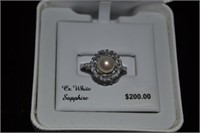 STERLING RING 7 PEARL CL WHITE SAPPHIRES