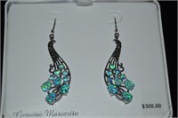 SILVER PLATED BRASS EARRINGS PEACOCK 1.5"