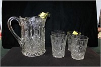 8" PATTERN GLASS (BUTTERFLY'S) PITCHER AND 4