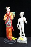 MARBLE BASE GREEK STATUE 9" AND ASIAN DOLL