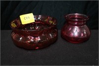 CRANBERRY BOWL AND RED PAINTED VASE BOWL HAS CHIP