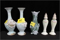 GROUPING: PAIR BUD VASES, SALT AND PEPPER SHAKERS