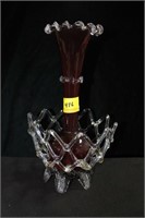 13" HAND BLOWN RUBY VASE WITH CRYSTAL BASKET