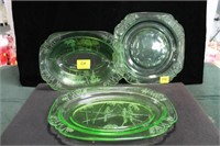GREEN DEPRESSION GLASS PLATE, PLATTER AND BOWL -