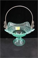 12" GREEN DEPRESSION GLASS BASKET WITH WIRE