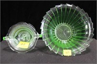8 1/4" GREEN DEPRESSION GLASS BOWL AND 2 HANDLED