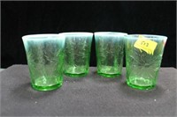 4 GREEN DEPRESSION GLASS TUMBLERS