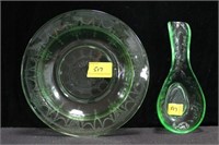 9" GREEN DEPRESSION GLASS SHALLOW BOWL AND SPOON