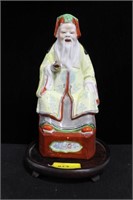 10" ASIAN CERAMIC STATUE ON WOODEN BASE