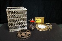 GROUPING: GOLD COLORED PURSE, TISSUE BOX COVER,