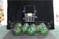 WIRE BASKET WITH DECORATIVE GREEN GLASS BALLS