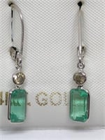14K White Gold, Emerald Diamond Earrings