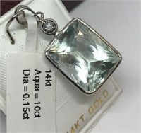 14K White Gold, Aquamarine Diamond Pendant