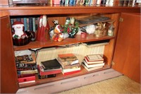 Contents of cabinet, books and decor