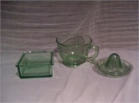 2 piece green depression glass juicer and 1 piece
