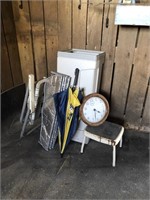 Trash can, step stool, lawn chair, misc items.