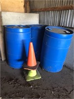 3 50 gal blue plastic barrels, 3 caution cones