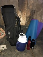 Yoga mats, golf bag, water bottles