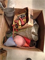 BOX OF FUNNELS, CONTAINERS ETC.