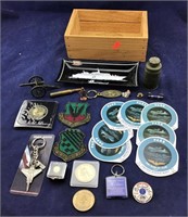 Small Wooden Box of Military Patches, Coins, Pins