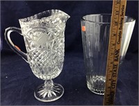 Heavy Glass Vase and Pedestal Pitcher