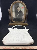 Vintage Tabletop Picture Frame & Wedding Purse