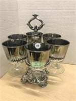 Silver Plate Stand With 6 Silver Rimmed Glasses
