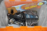 Tub of Household Tools Wrenches Pliers Screwdriver