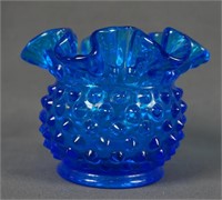Fenton Colonial Blue Hobnail 3in Double Crimp Vase