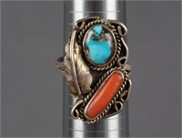 Southwest Silver Turquoise and Coral Ring