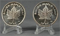 2 1987 AMC 1oz. .999 Fine Silver Maple Leaf Rounds