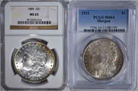 2 MORGAN DOLLARS:  1921 PCGS MS 64 &