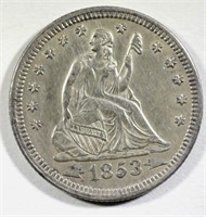 1853 ARROWS & RAYS SEATED QUARTER, AU+