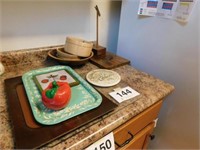Vintage trays - glazed ceramic tile - wooden